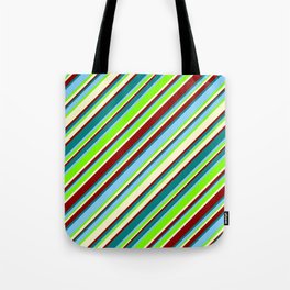 [ Thumbnail: Light Sky Blue, Green, Light Yellow, Dark Red, and Teal Colored Lined/Striped Pattern Tote Bag ]