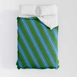 [ Thumbnail: Dark Green and Blue Colored Lines Pattern Comforter ]