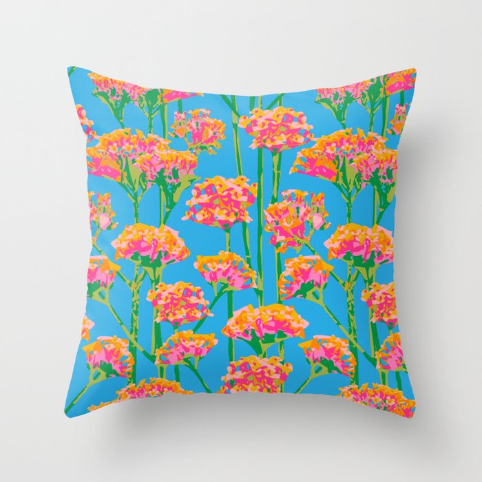 SUNSHINE-Y Abstract Floral Summer Bright Botanical in Fuchsia Pink Green Orange on Sky Blue - UnBlink Studio by Jackie Tahara Throw Pillow
