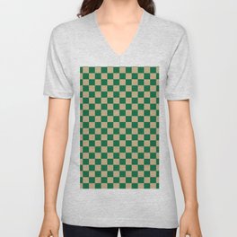 Tan Brown Checkered And Cadmium Green Modern Shape Geometric Pattern V Neck T Shirt