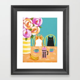 French Press Coffee Cats and Bananas Framed Art Print