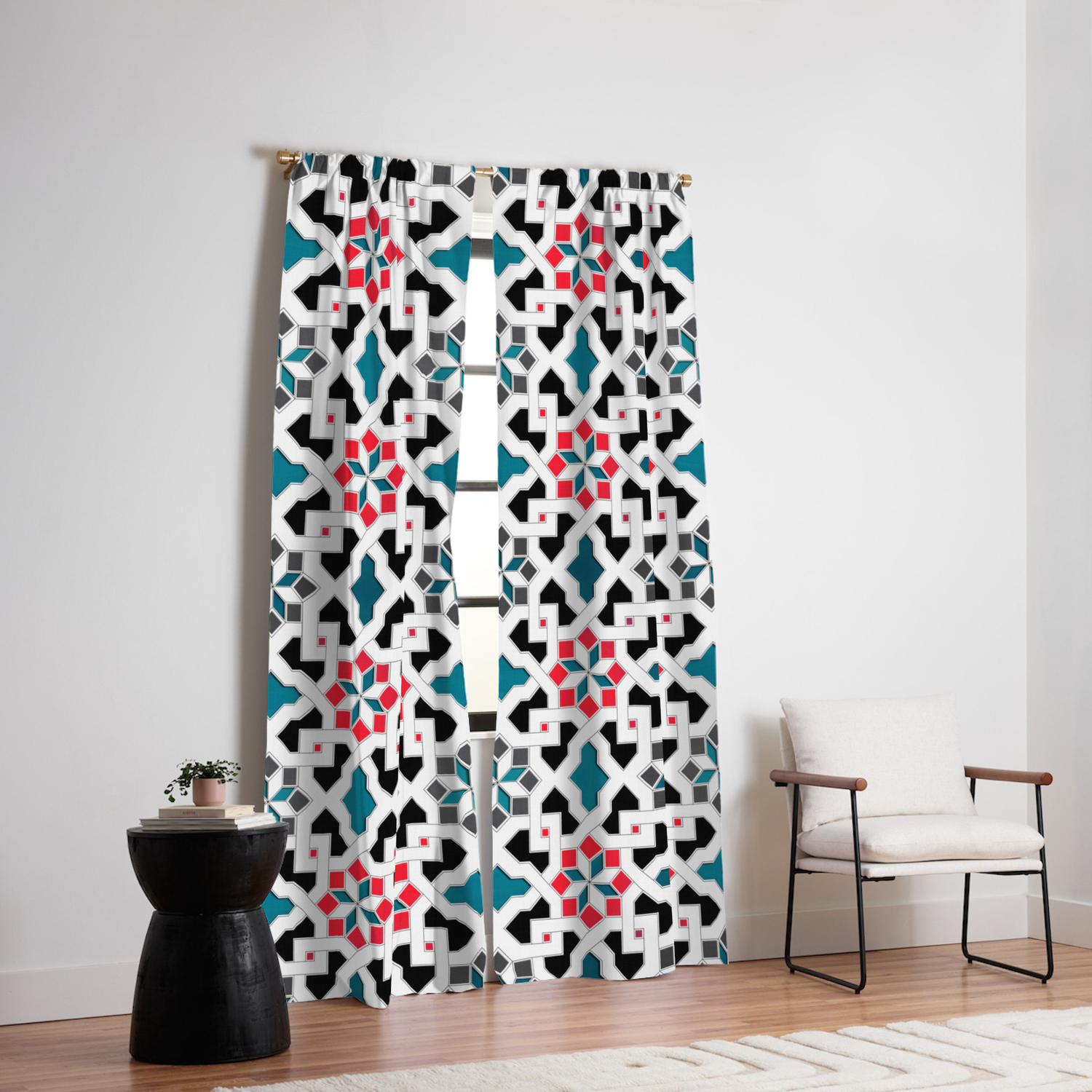 Oriental Pattern Geometric Design Red Blue Grey Blackout
