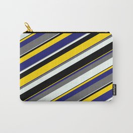 [ Thumbnail: Eyecatching Dim Grey, Mint Cream, Black, Yellow, and Midnight Blue Colored Stripes Pattern Carry-All Pouch ]
