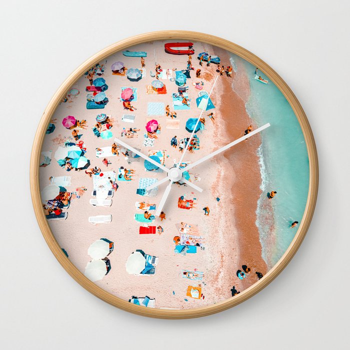 Coastal Beach Print, Aerial Ocean Beach Art Print, Summer Umbrellas On Beach, Holiday Time, Hot Sand Wall Clock