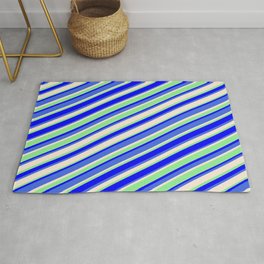 [ Thumbnail: Light Green, Blue, Royal Blue & Beige Colored Striped/Lined Pattern Rug ]