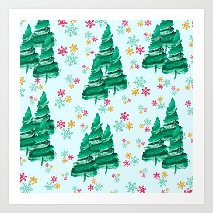 Pine Trees and Snowflakes (Blue) Art Print