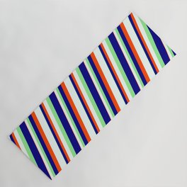[ Thumbnail: Light Green, Blue, Red & Mint Cream Colored Stripes Pattern Yoga Mat ]