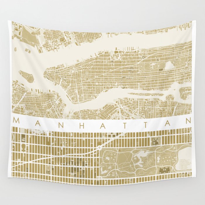 Manhattan NYC map gold Wall Tapestry by PlanosUrbanos  Society6
