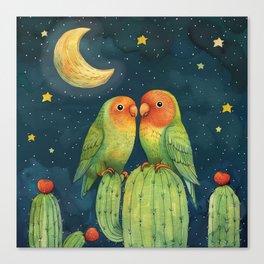 Lovebirds on Desert Cactus Canvas Print