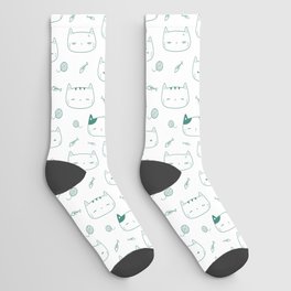 Green Blue Doodle Kitten Faces Pattern Socks