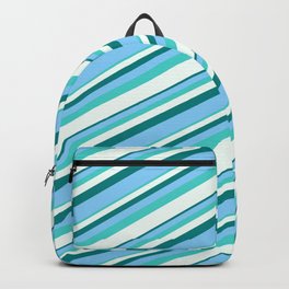 [ Thumbnail: Teal, Light Sky Blue, Turquoise & Mint Cream Colored Striped Pattern Backpack ]