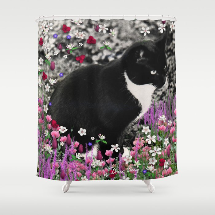 Freckles in Flowers II - Tuxedo Kitty Cat Shower Curtain