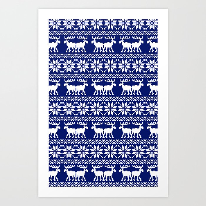 Navy Blue Ugly Holiday Sweater Moose Pattern. Art Print by