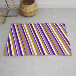 [ Thumbnail: Indigo, Purple, Dark Goldenrod & Light Yellow Colored Lined Pattern Rug ]