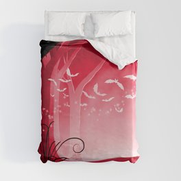 Dark Forest at Dawn in Ruby Duvet Cover