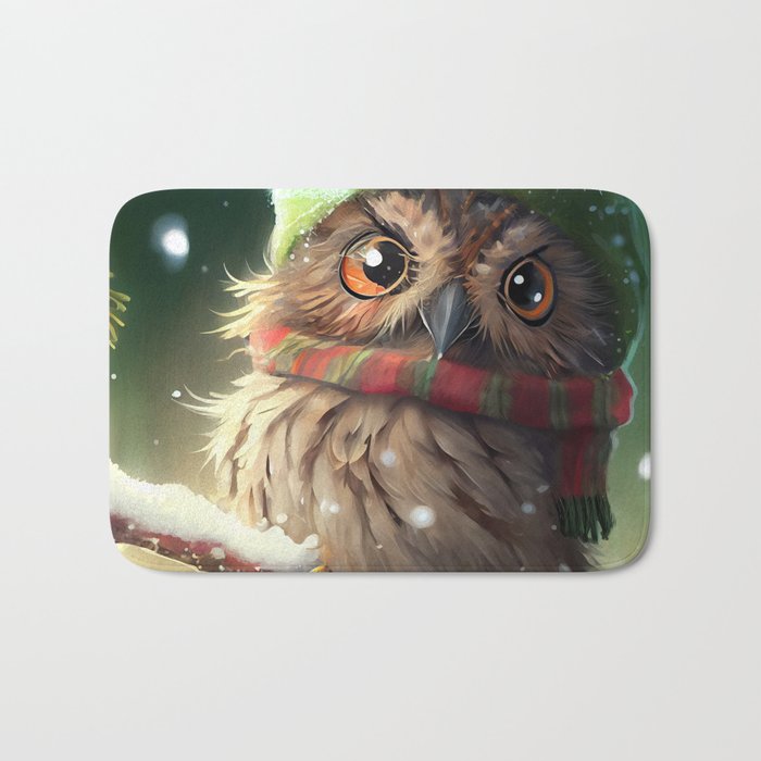Owl with a green hat and scarf Bath Mat