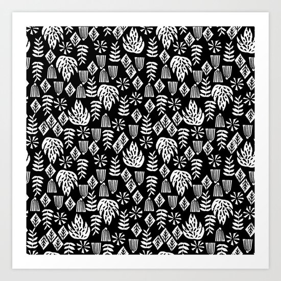 Tropical linocut tribal island pattern scandinavian art print black and white minimal Art Print