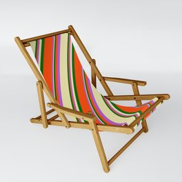 [ Thumbnail: Orchid, Pale Goldenrod, Dark Green, and Red Colored Striped/Lined Pattern Sling Chair ]