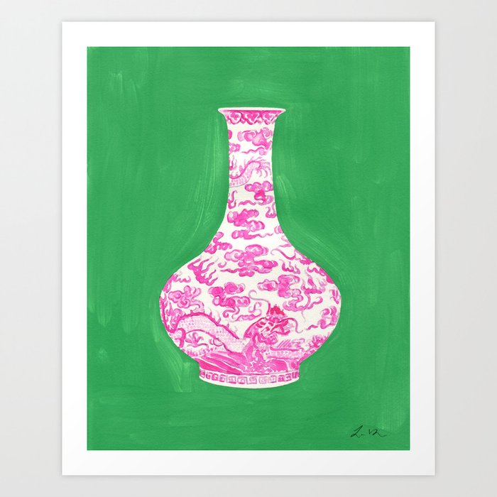Pink Ginger Jar 3 on Kelly Green Art Print