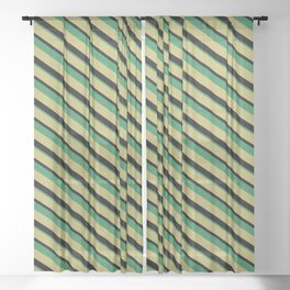 [ Thumbnail: Dark Khaki, Black & Sea Green Colored Lines Pattern Sheer Curtain ]