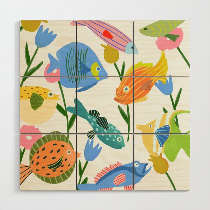 Fishes and Flowers Wood Wall Art