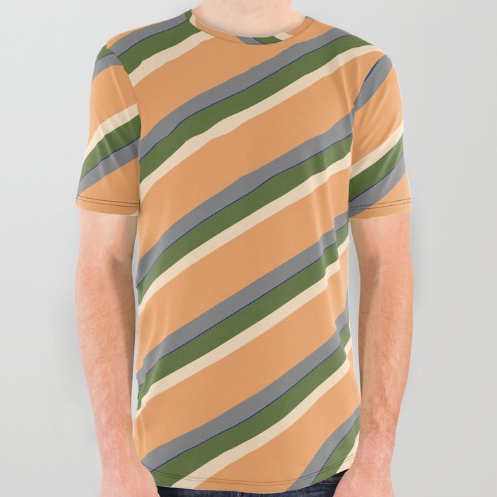 Vibrant Dark Olive Green, Bisque, Brown, Gray, and Dark Blue Colored Striped Pattern All Over Graphic Tee