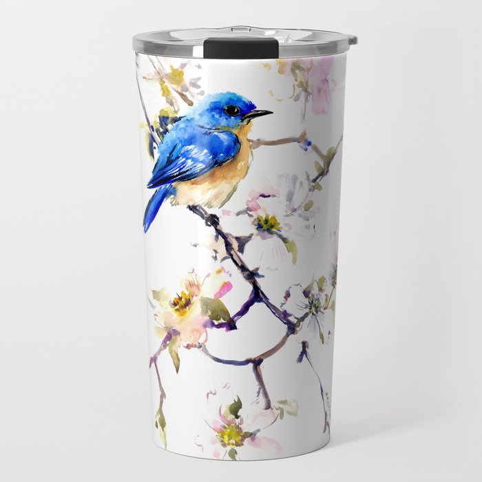 Bluebird and Dogwood, bird and flowers spring colors spring bird songbird design Travel Mug