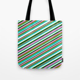[ Thumbnail: Colorful Violet, Green, Dark Turquoise, White & Dark Green Colored Lines/Stripes Pattern Tote Bag ]