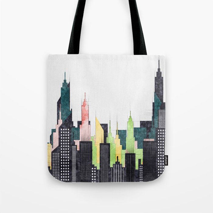 Colorful City Buildings And Skyscrapers Sketch, New York Skyline, Wall Art Poster Decor, New York Tote Bag