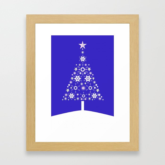 Christmas Tree Of Snowflakes and Stars On Dark Blue Background Framed Art Print