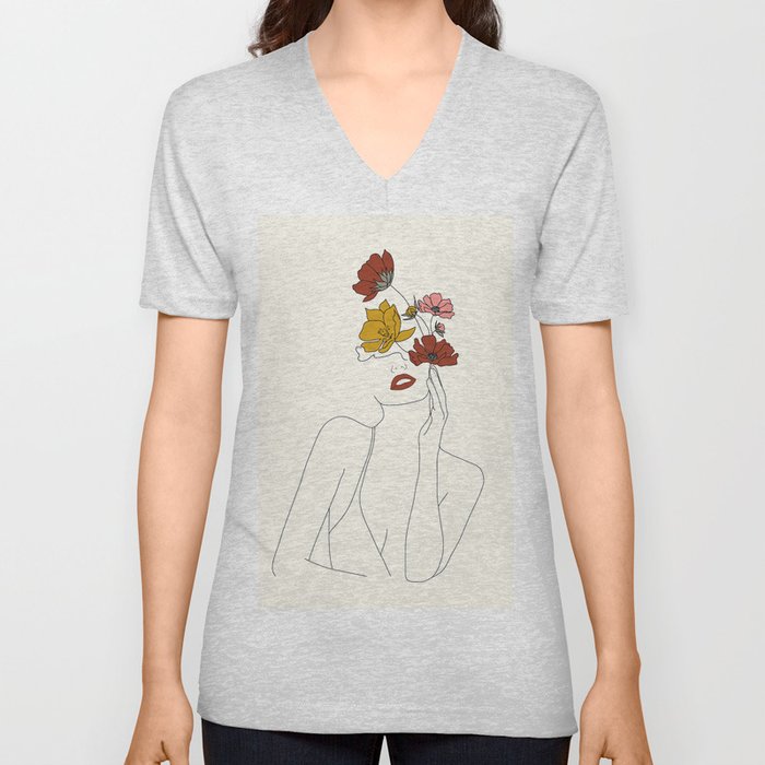 Colorful Thoughts Minimal Line Art Woman with Flowers V Neck T Shirt