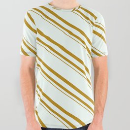 [ Thumbnail: Mint Cream and Dark Goldenrod Colored Stripes Pattern All Over Graphic Tee ]