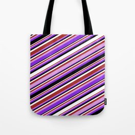 [ Thumbnail: Colorful Brown, Plum, Purple, Black, and White Colored Pattern of Stripes Tote Bag ]