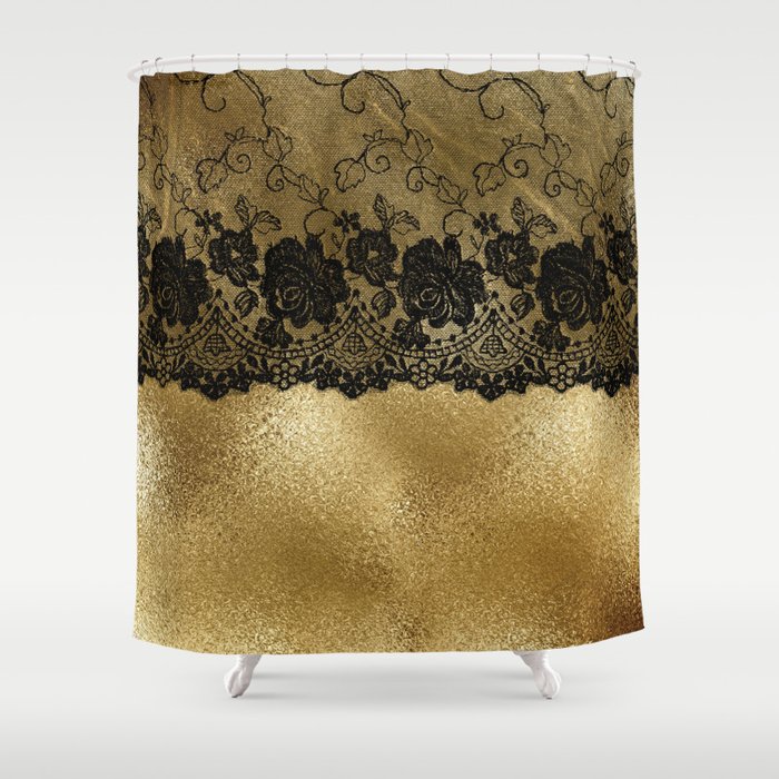 Black luxury lace on gold glitter effect metal- Elegant design Shower Curtain