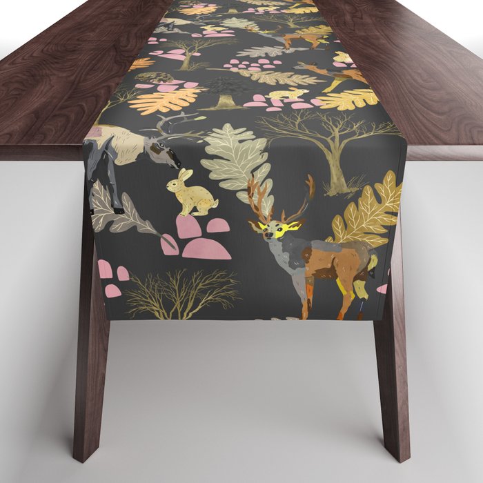 Colorful forest animals F Table Runner | Painting, Digital, Watercolor, Pattern, Dark, Forest, Animals, Wild, Nature, Trees