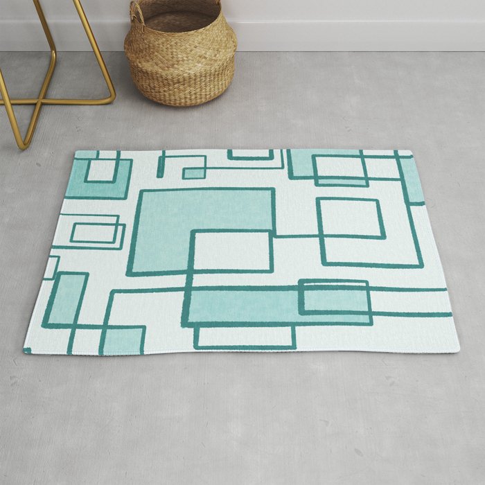 Piet Composition in Light Teal Blue - Mid-Century Modern Minimalist Geometric Abstract Rug