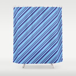 [ Thumbnail: Dark Slate Blue and Light Sky Blue Colored Stripes/Lines Pattern Shower Curtain ]