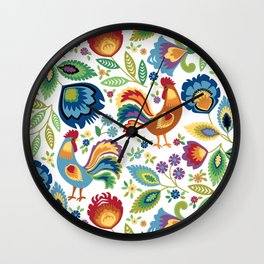 Polish Folk Roosters White Wall Clock