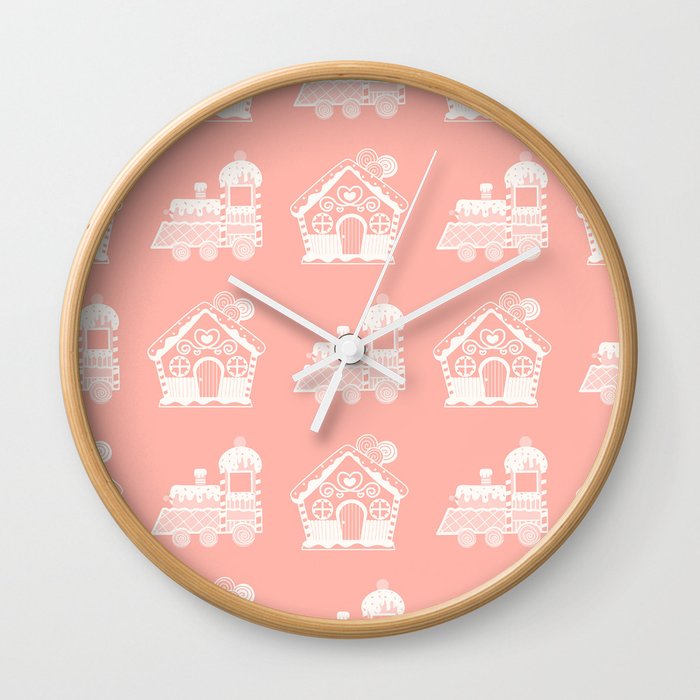 Hand Drawn Christmas Pattern with Sweet Gingerman Cookies of Houses and Train Locomotive on Light Pink Background Wall Clock