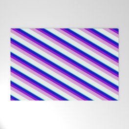 [ Thumbnail: Blue, Dark Violet, Plum, Mint Cream & Turquoise Colored Stripes/Lines Pattern Welcome Mat ]