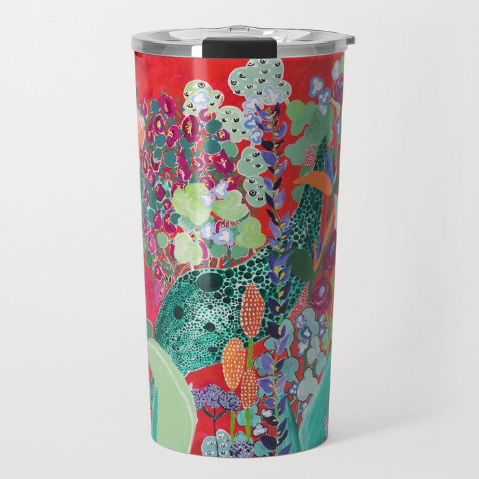 Red floral Jungle Garden Botanical featuring Proteas, Reeds, Eucalyptus, Ferns and Birds of Paradise Travel Mug