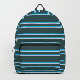 [ Thumbnail: Dark Slate Gray, Deep Sky Blue & Light Gray Colored Lines Pattern Backpack ]