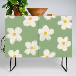 Groovy 70s Daisy Flowers on Sage Green Credenza