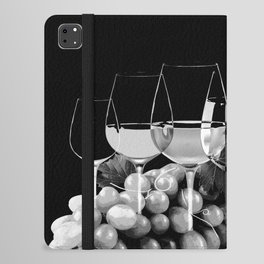 Black and White Graphic Art Composition Of Grapes, Wine Glasses, and Bottles iPad Folio Case