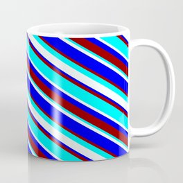 [ Thumbnail: Mint Cream, Blue, Dark Red, and Aqua Colored Lined Pattern Coffee Mug ]