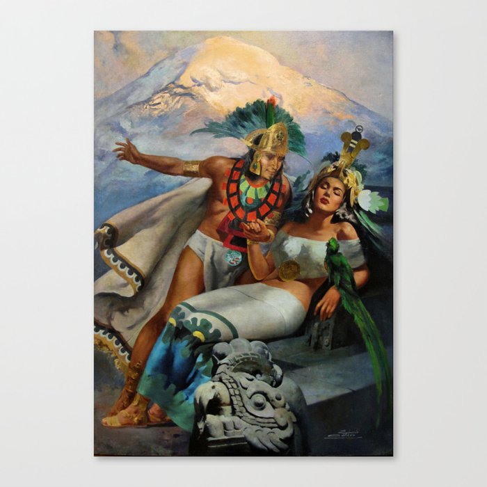 Caballero Aztec Warrior and Queen Mexican Yucatan romantic portrait painting Canvas Print