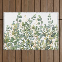 Gold And Green Botanical Eucalyptus Leaves Outdoor Rug