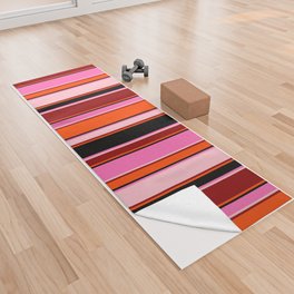 [ Thumbnail: Eye-catching Hot Pink, Black, Red, Dark Red, and Pink Colored Stripes/Lines Pattern Yoga Towel ]