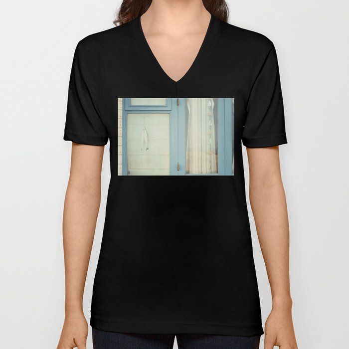 Beach Hut window - blue V Neck T Shirt
