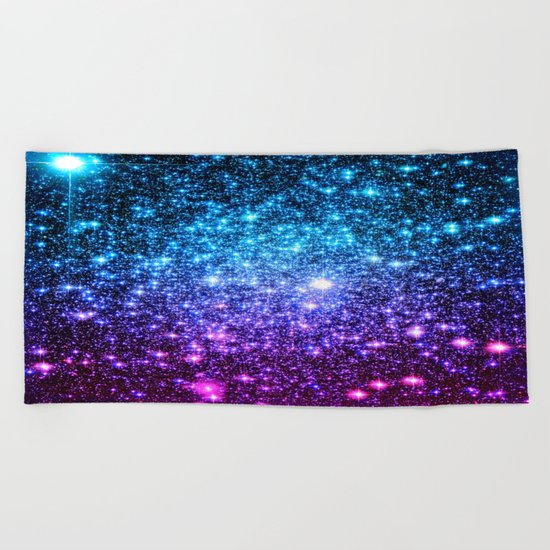 Glitter Galaxy Stars : Turquoise Blue Purple Hot Pink Ombre Beach Towel